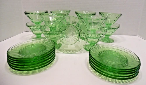 Green Uranium Glass Set of 12 Vintage Sherbet Bowls & Saucers Depression