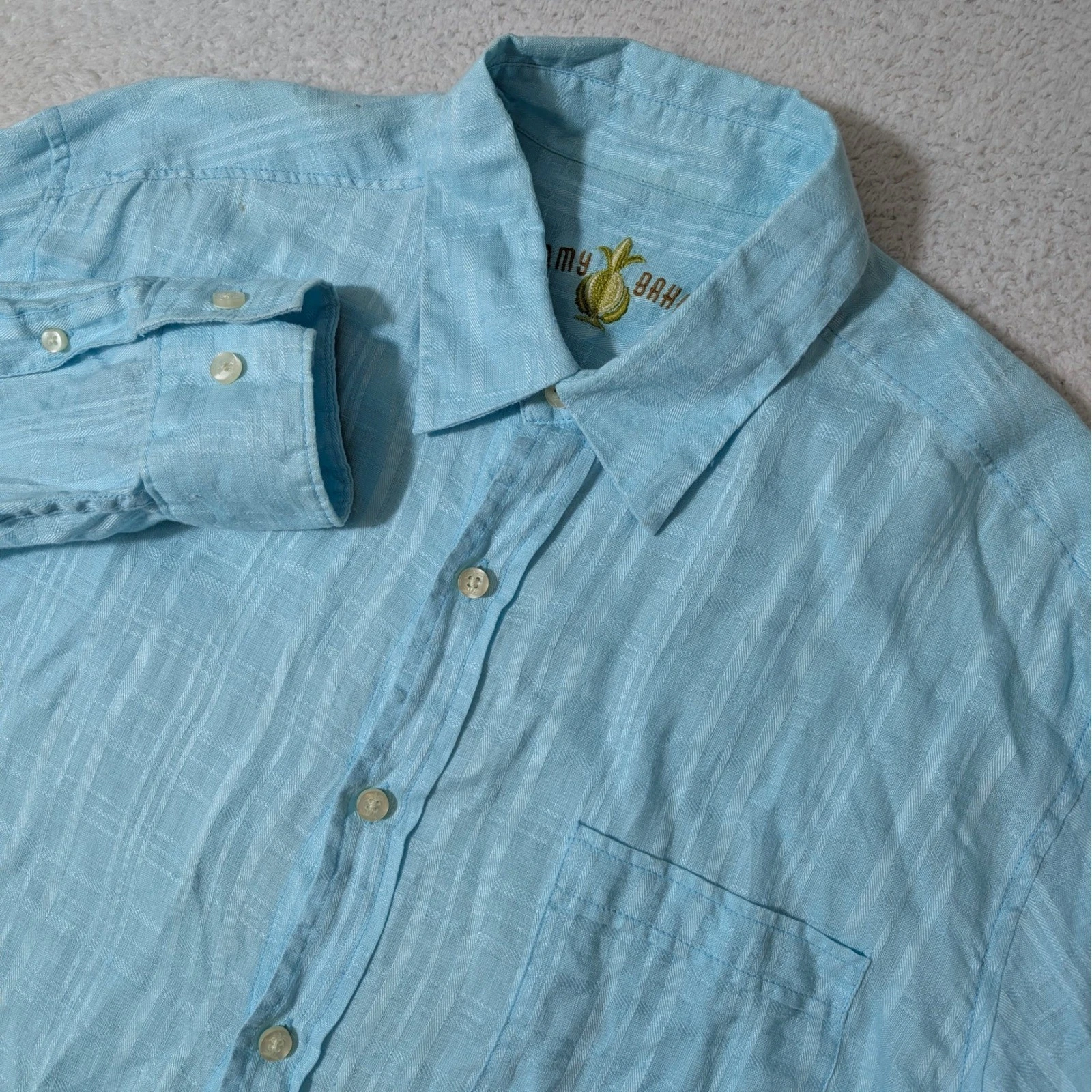 Tommy Bahama Button Up Men Med Blue 100% Linen Jacquard Stripe L/S Shirt