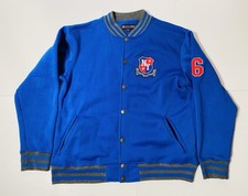 VTG MECCA JEANS COMPANY XL Blue Varsity Baseball Jacket Patch NY 86 Hip Hop Snap