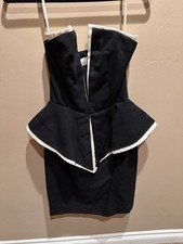 VTG 80s Victor Costa Strapless Peplum Dress Black White Trim Cocktail Mini XS