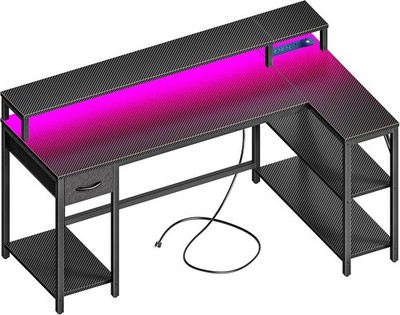 Chic 53 Inch L Shaped Computer Desk with USB Outlets & Stylish LED Features
