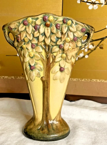 Antique 1920 Weller Pottery Flared Apple Tree Fan Vase with Side Handles 7" tall