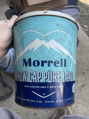 vintage Morrell snow cap Pure Lard empty 8 pound tin w handle, Great colors! - Picture 1 of 5
