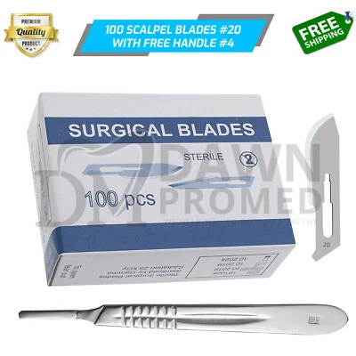 DAWNPROMED 100 Sterile Surgical Blades #20 FREE BP Scalpel Handle #4 Medical ENT Dental