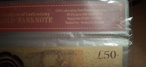 🇬🇧QUEEN ELIZABETH II 24K GOLD PLATED £50 FIFTY 50 POUND BANKNOTE☆☆& COA +RARE* - Picture 3 of 8
