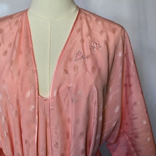 Claire Sandra by Lucie Ann Vtg 1960s Embroidered Satin Slip & Robe Peignoir Set - Picture 7 of 12