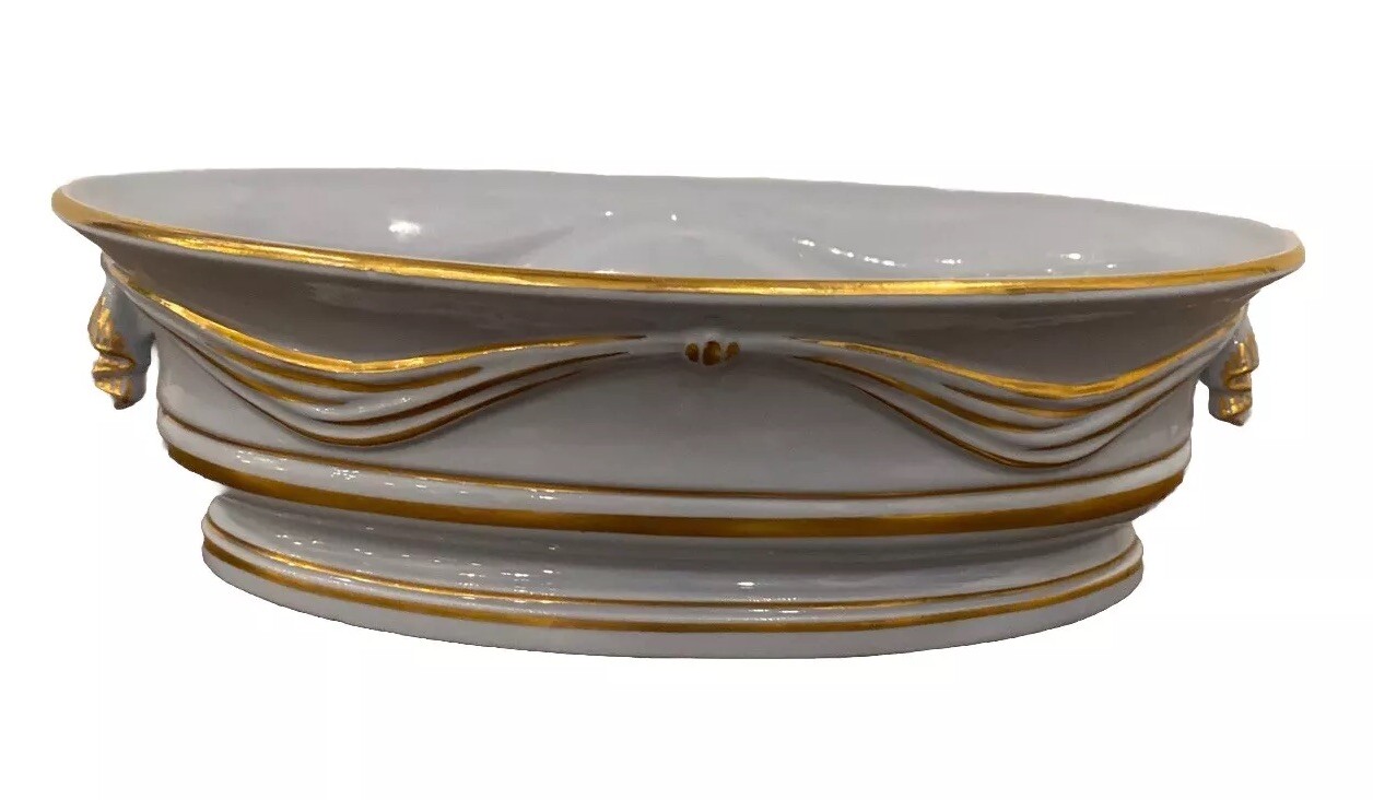 Vintage 1950s Blue & Gold Oval Porcelain Pottery Decorative Bowl