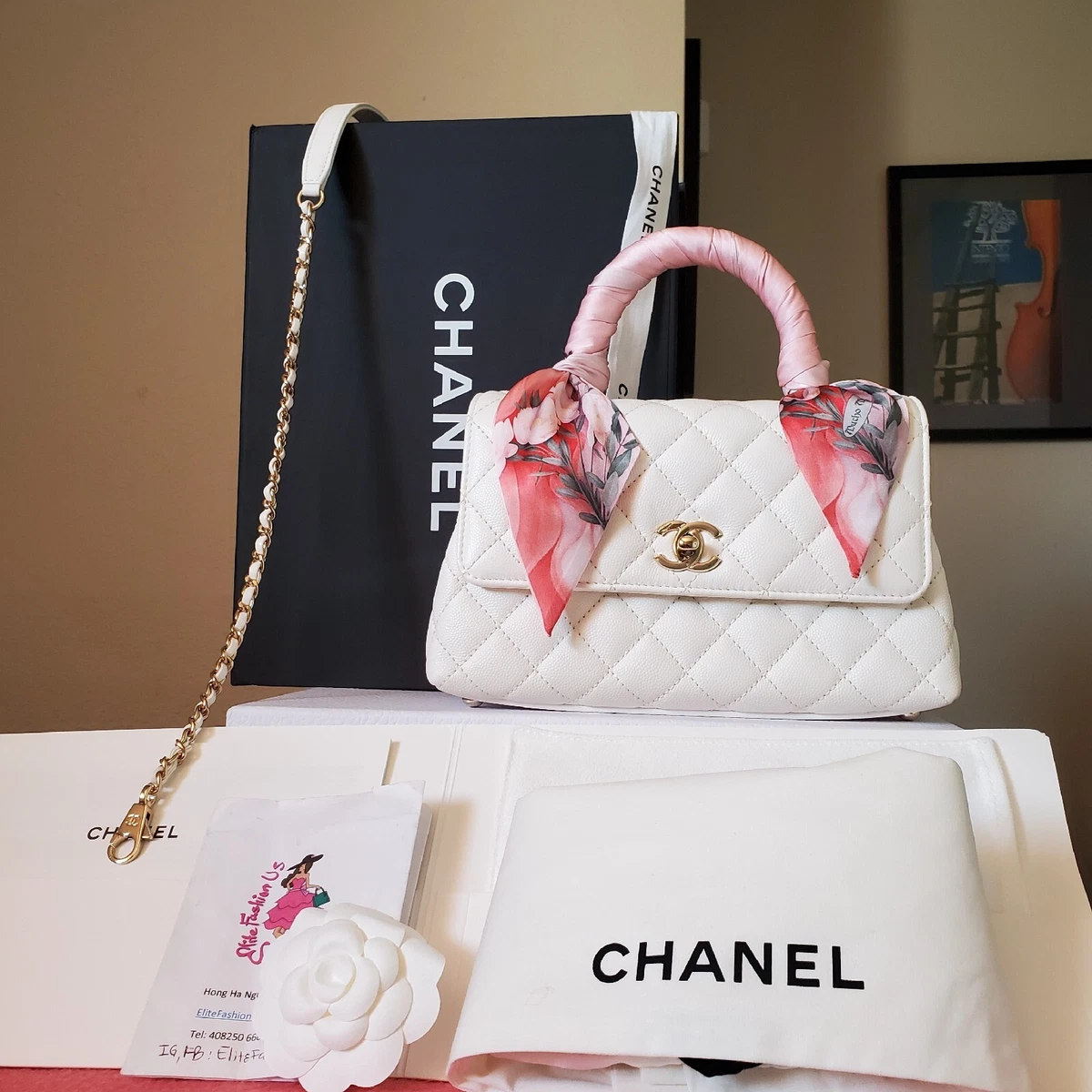 CHANEL white caviar Mini Coco Handle Bag gold HW Year 2022