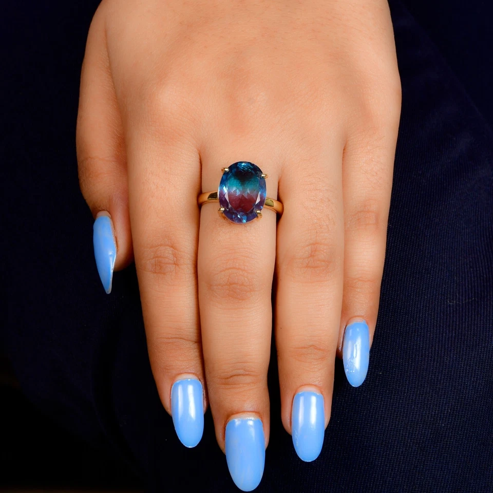 Anillo de compromiso de oro amarillo único ovalado multicolor alejandrita anillo vintage Foto 2 de 4