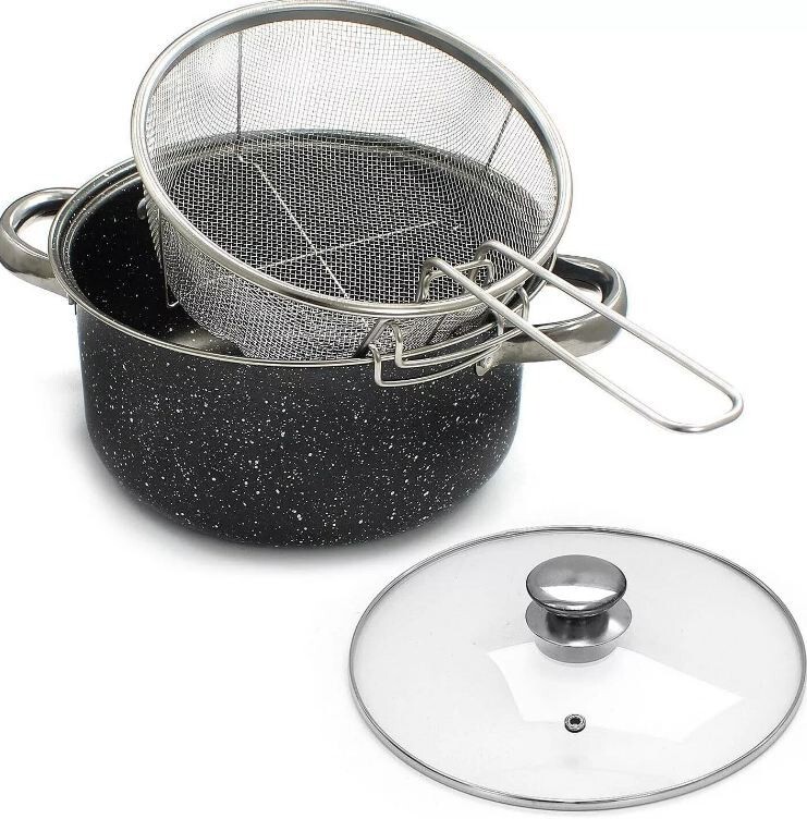 Sartén grande de 24 cm para freidora de grasa profunda olla de cocina cestas para freír con tapa de vidrio juego