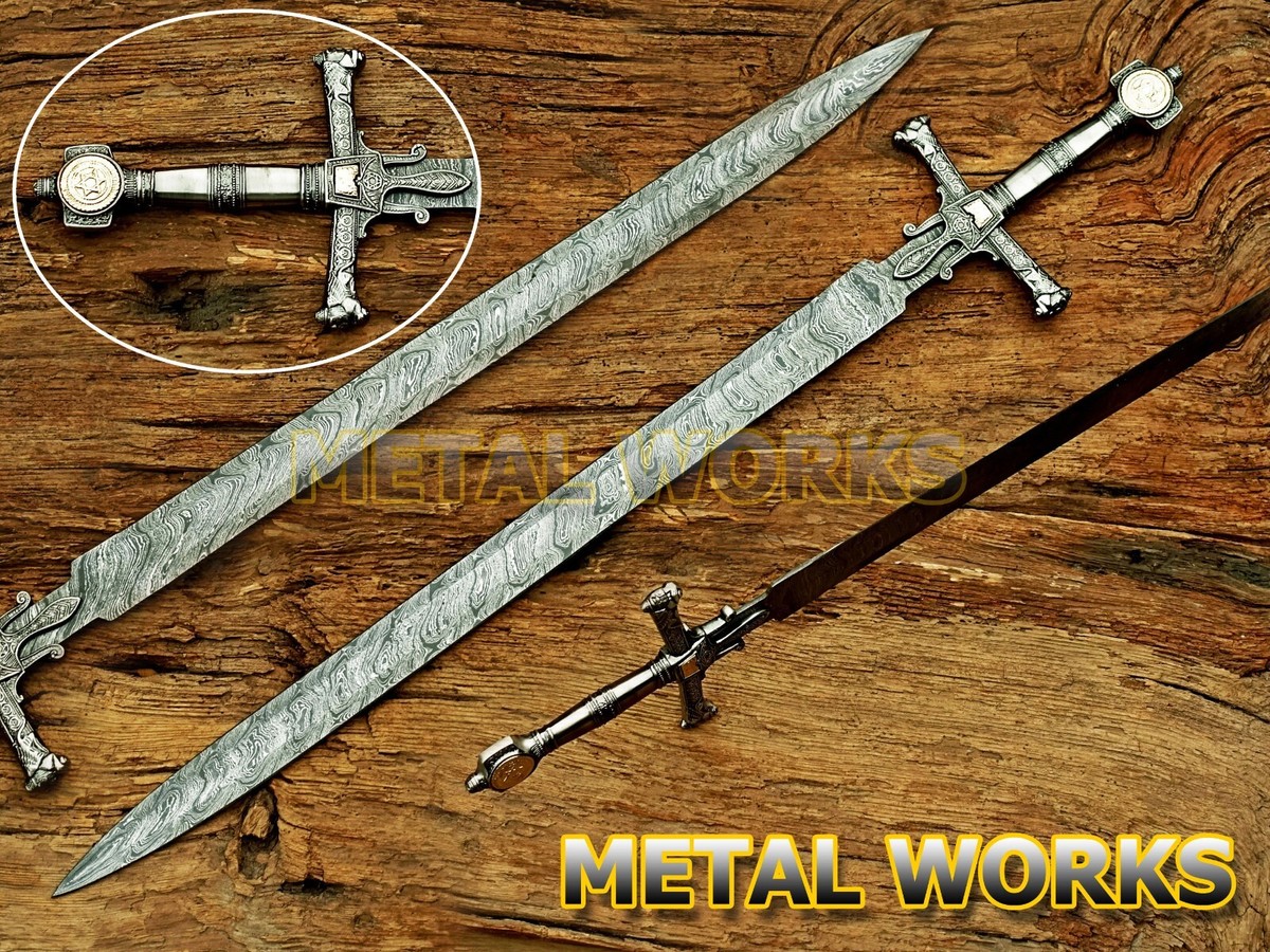Castle　マスターソード　アルミ剣身シルバー＋柄 Damascus Steel King Solomon Crusader Sword w/LeatherSheath(Star of