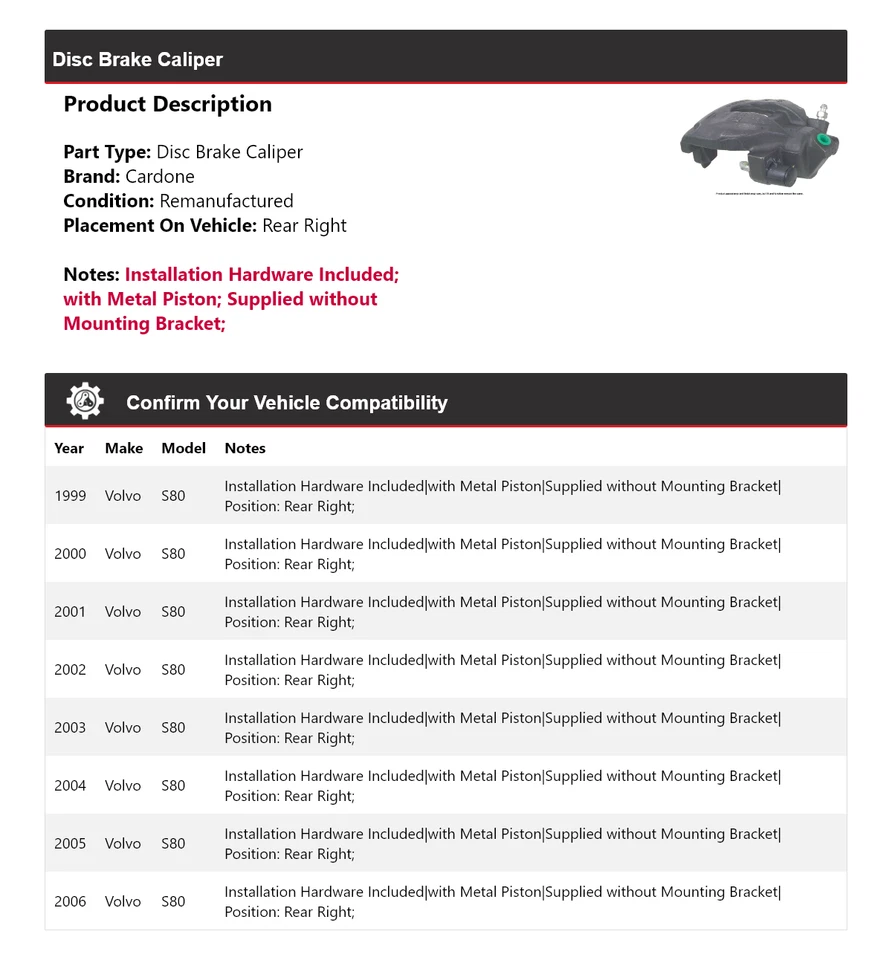 Pinza de freno de disco trasera derecha Cardone 2000 2001 2002 para Volvo S80 1999-2006 Foto 2 de 4