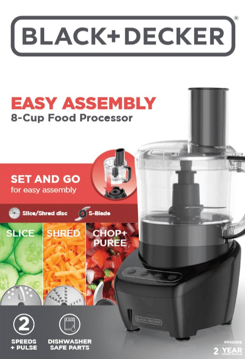 BLACK+DECKER Easy Assembly 8-Cup Food Processor, Black, FP4200B