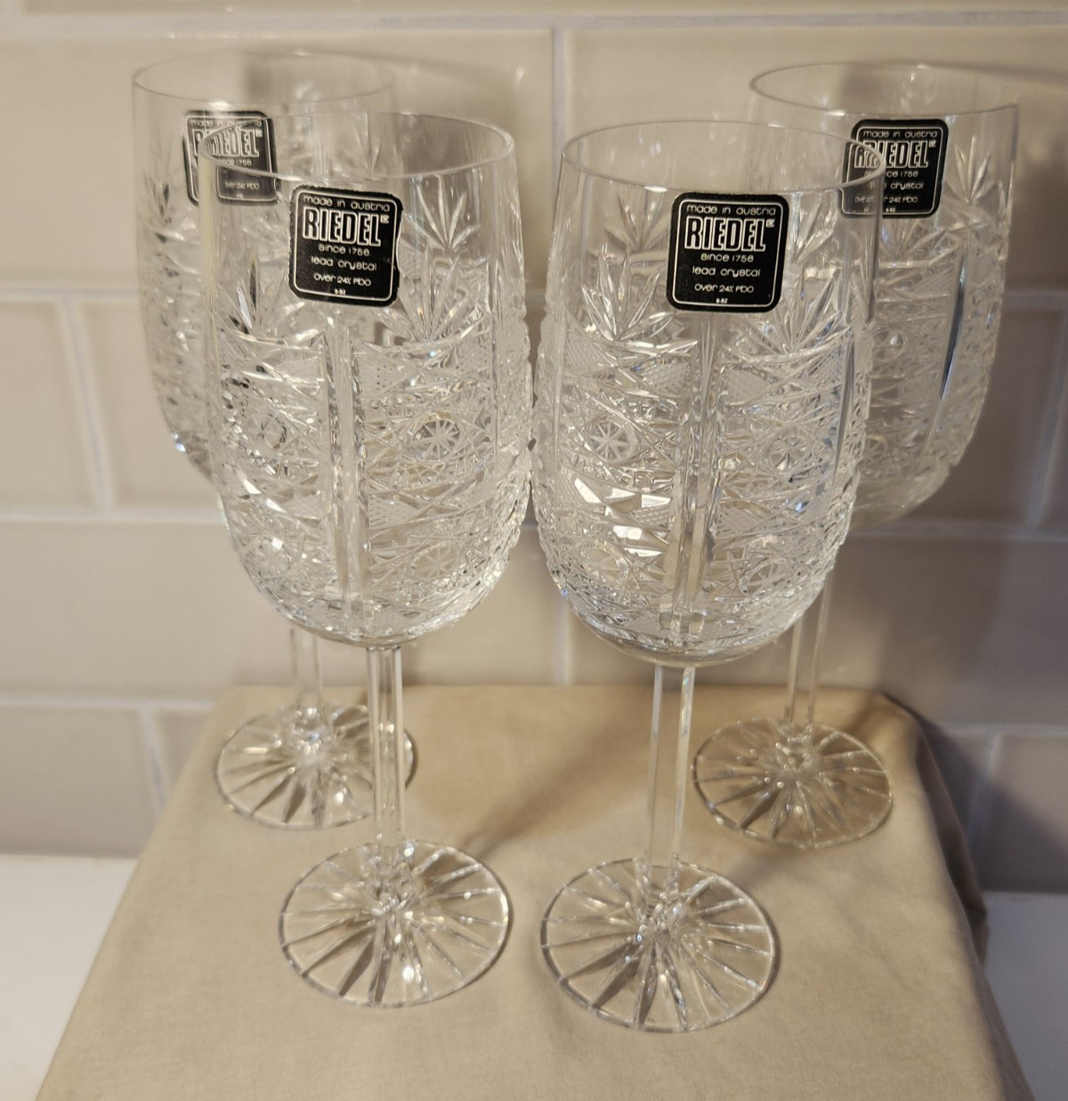 Set Of 4 Riedel San Michele Cut Multisided Stem 8.5" Water Wine Goblets Glasses