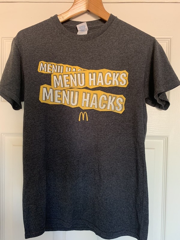 MCDONALD'S Menu Hacks T-Shirt Size Small Mens Gray Short Sleeve Employee Uniform