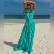 NEW NWT $875 PATBO Flutter Sleeve maxi cutout dress in Cyan- sz US 12
