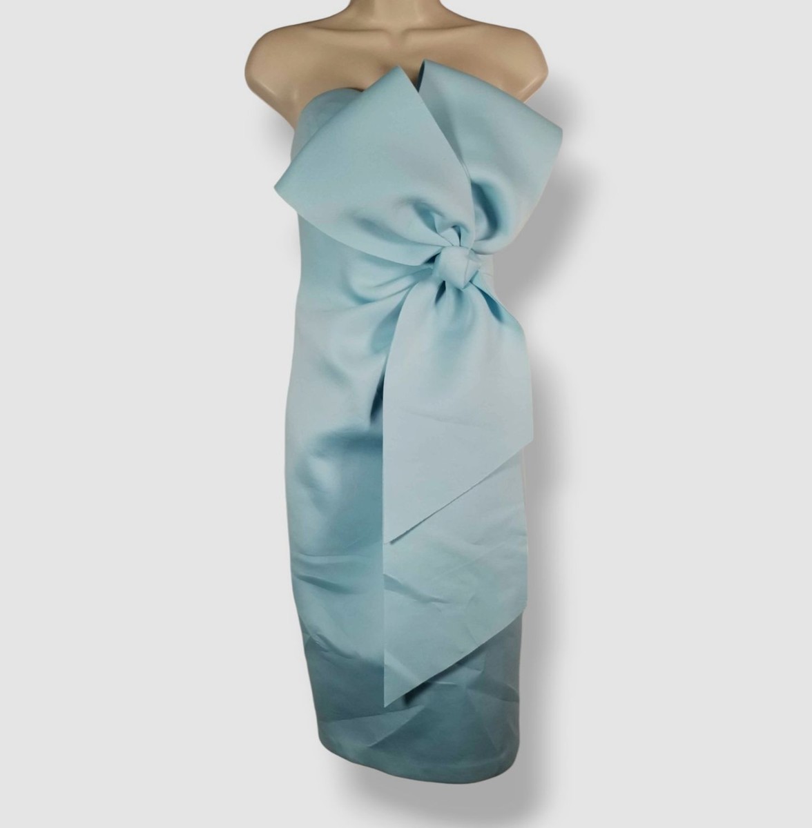 badgley mischka blue strapless dress Badgley Mischka Women Blue Bow-Front Strapless Midi Bodycon Dress Size S/M