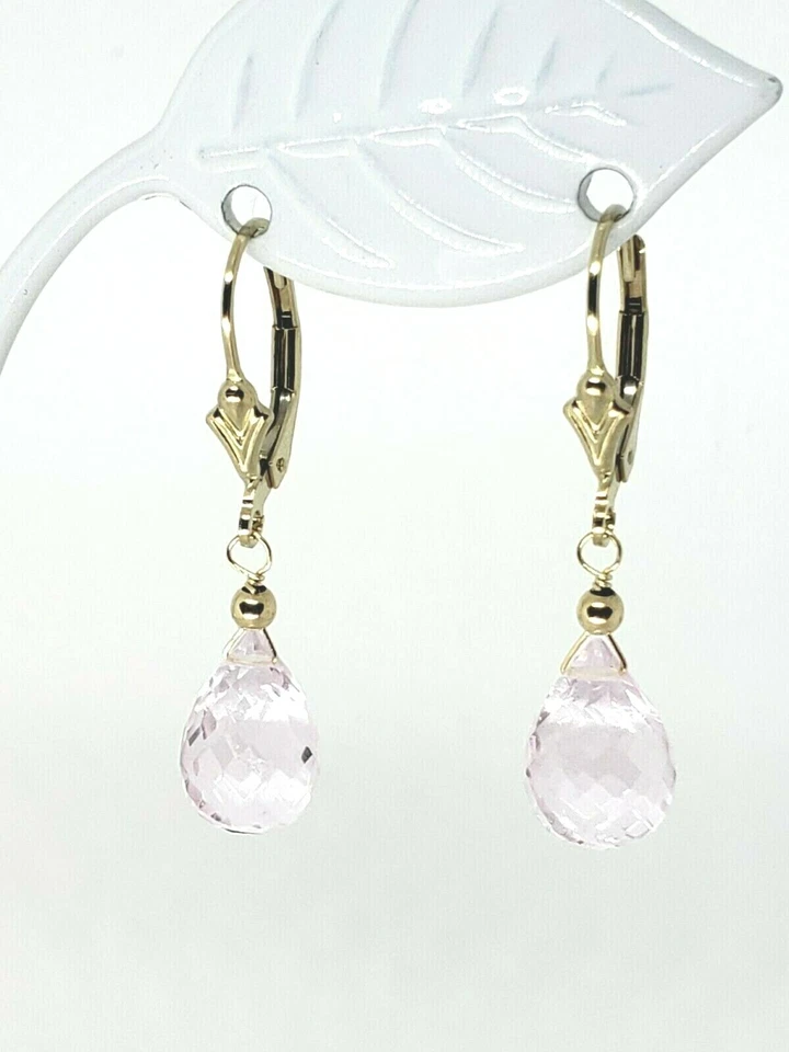 Висячие серьги-бриолеты из желтого золота 14 карат с граненым розовым кварцем - Изображение 3 из 4