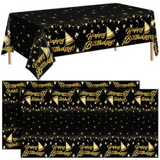 durony 2 Pack Birthday Tablecloth Table Cover Plastic Black Gold Happy Tablec...