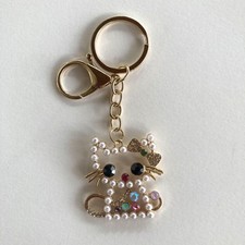 Sparkly Cat Keychain Purse Charm Gold Pearl Rhinestone Kitty Bag Accessory Gift