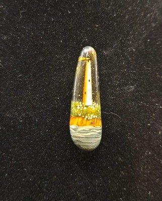 Vintage Handpainted Lighthouse Brooch Miniature Scene on Stone Pin