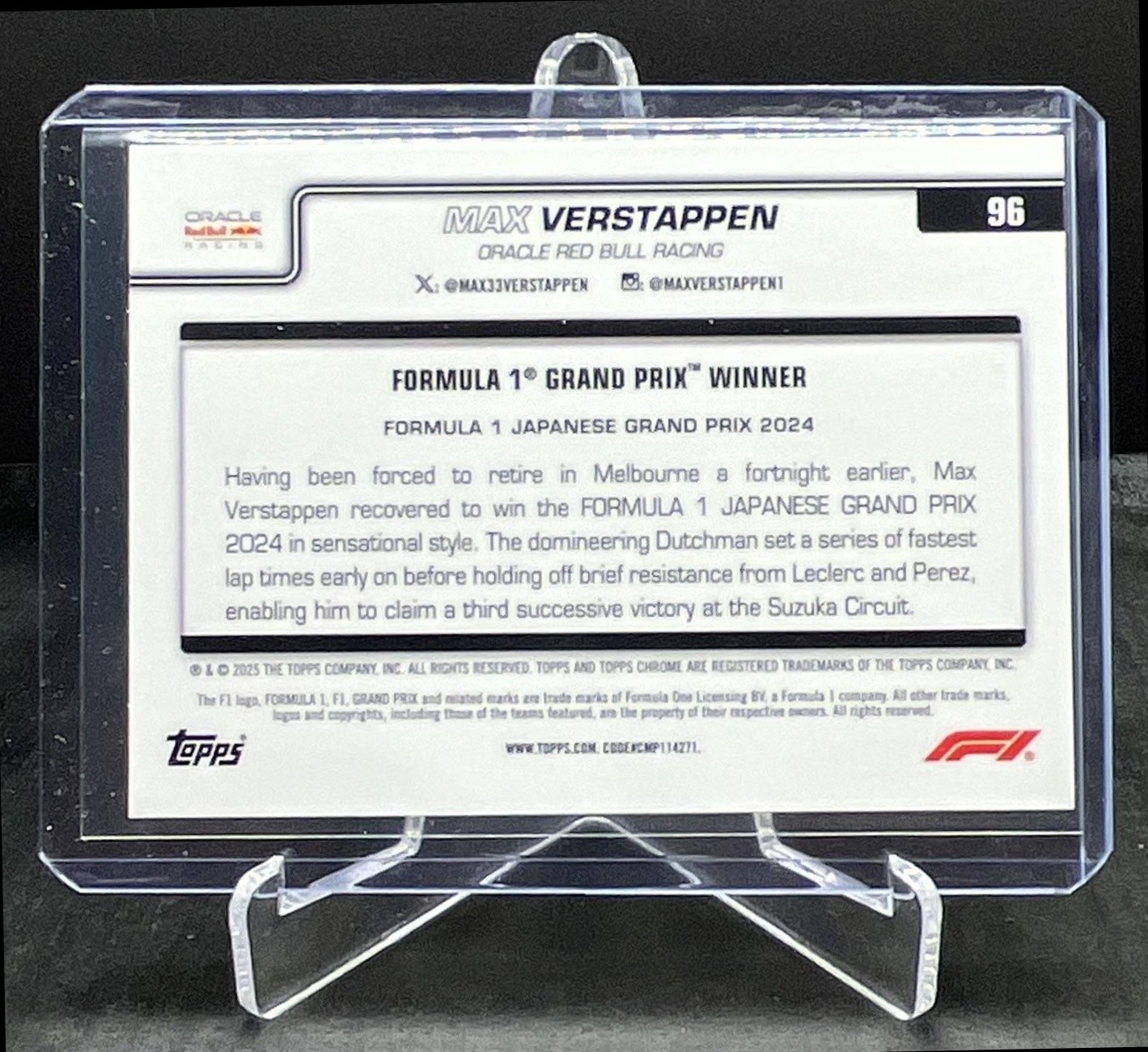 2025 Topps Chrome Sapphire F1 Max Verstappen Japan GP Winner Yellow 60/75 #1 view 2