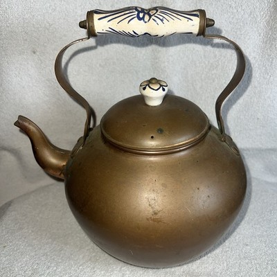 Vintage Solid Copper Made In Portugal Teapot w/ Delft Style Handle And Lin Knob 