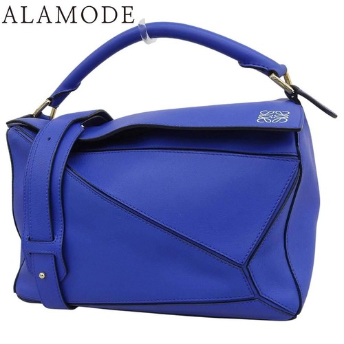 LOEWE Puzzle Bag Medium Blue Leather 2Way Shoulder Handbag Gold Hardware Women's