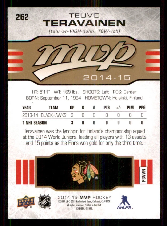 2014-15 Upper Deck MVP #262 Teuvo Teravainen SP RC - Image 2 of 2