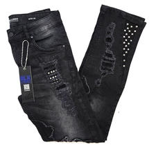 Black Light Men's Jeans Stretch Slim Straight Fit Jet Black Distressed Denim