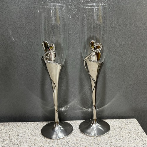 Glasseam Silver Hearts Rhinestones Wedding Champagne Flutes 10” Bride Groom EUC!