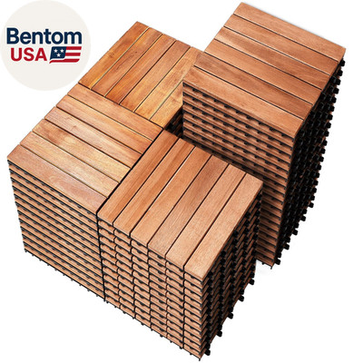 54 PCS Solid Acacia Wood Interlocking Patio Deck Tiles - 12'' X 12'' Indoor Outdoo