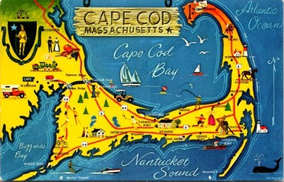 Cape Cod Massachusetts Map Vintage Postcard