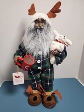 Santa Claus African American Black Father Christmas W/ Cup In  Pajamas Dog 21in 