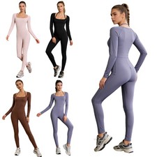 Women Yoga Sport Bodysuit Gym Jumpsuit Workout Athletic Zipper Crotch Strap