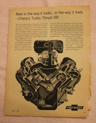 1958  Chevrolet /Turbo-Thrust V8 engine -   Orig Vintage Magazine ad
