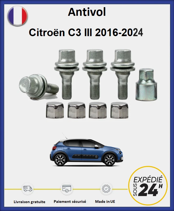 CITROEN C3 2002+ dadi fissaggio ruota M12x1,25 VITI PROTEZIONE ANTIFURTO