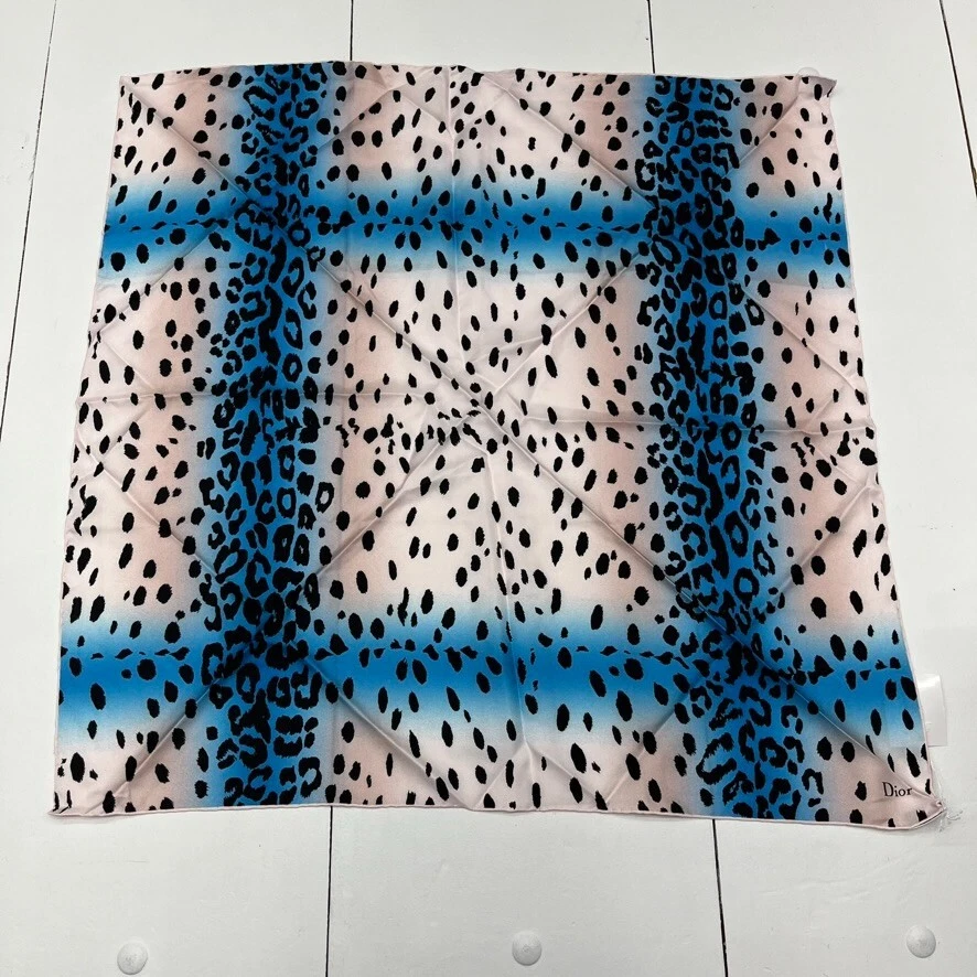 Foulard femme Dior blanc et bleu imprimé léopard carré 70 taille unique NEUF *