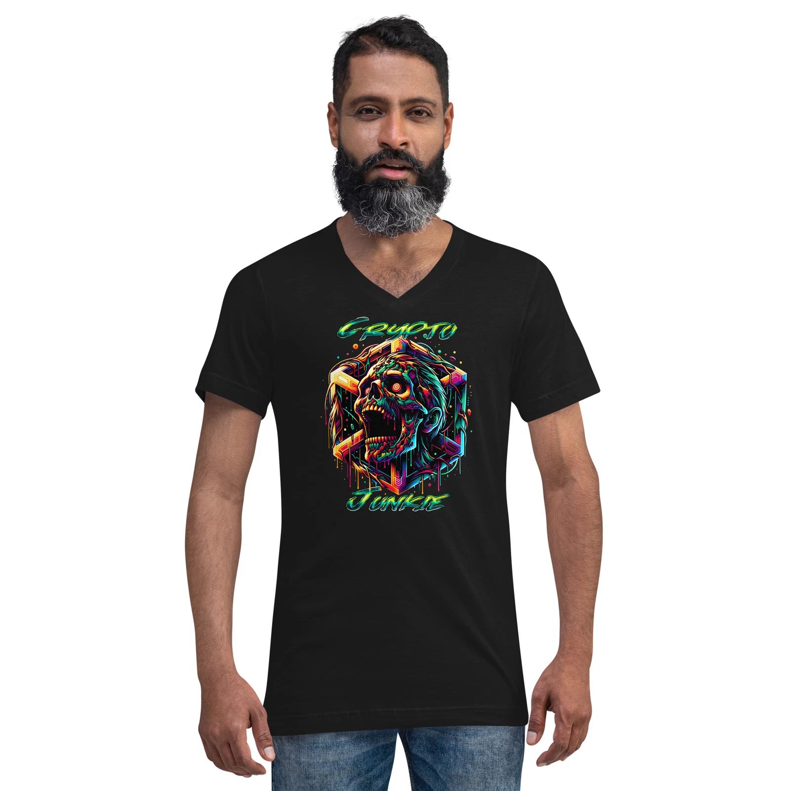 Screaming Zombie Skull Crypto Junkie Altcoins Season Short Sleeve V-Neck T-Shirt