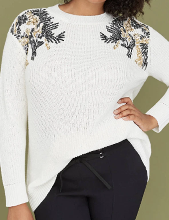 Lane Bryant Ivory Sequin Embellished Crew Neck Sweater Womens Plus Size 26 28 4X