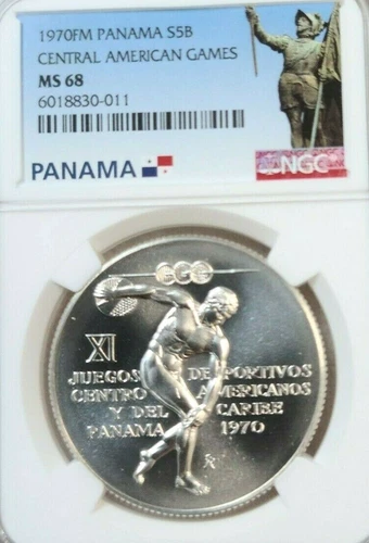 1970 PANAMA SILVER 5 BALBOAS S5B CENTRAL AMERICAN GAMES NGC MS 68 SMOOTH LUSTER