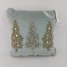 Bella Lux Sea Glass Blue Silver Gold Beaded Christmas Trees Pillow 12x12 (D)