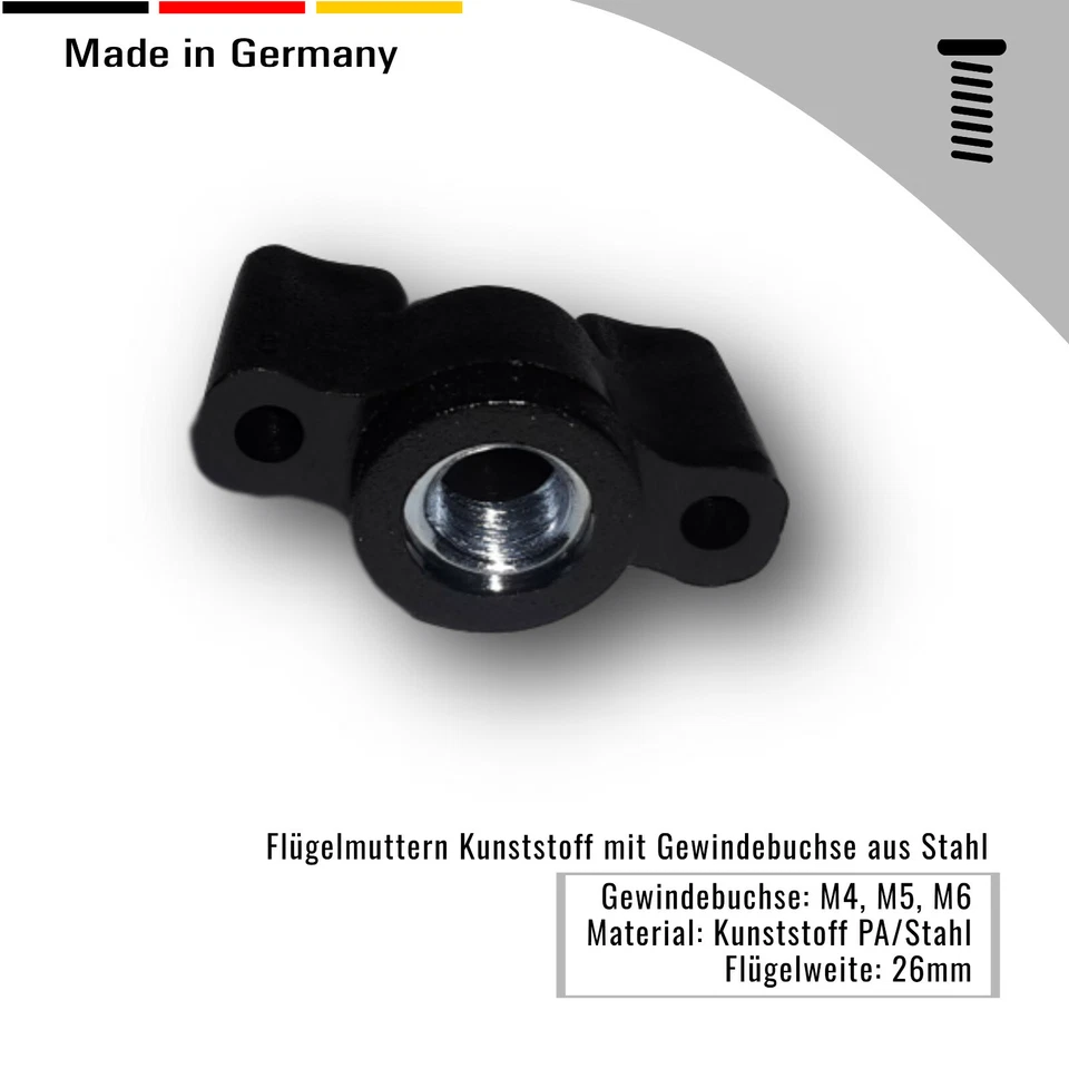 2 Flügelmuttern/Drehmuttern/Drehschrauben M4 M5 M6 M8 schwarz, Kunststoff/Stahl - Bild 3 von 3