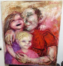 JANE KRAIKE HAPPY FAMILY ORIGINAL OIL ON MASONITE MID CENTURY MODERN PAINTING