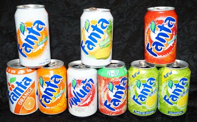 9 Fanta cans 330ml 1994/2001 Orange/ Pomelo/ Tangerine Germany/Thailand/Belgium