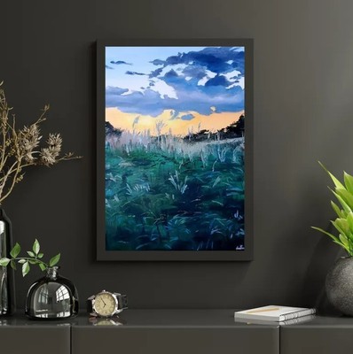 Serene Sunset Landscape Poster | Nature Wall Art with Field and Cloudy Sky