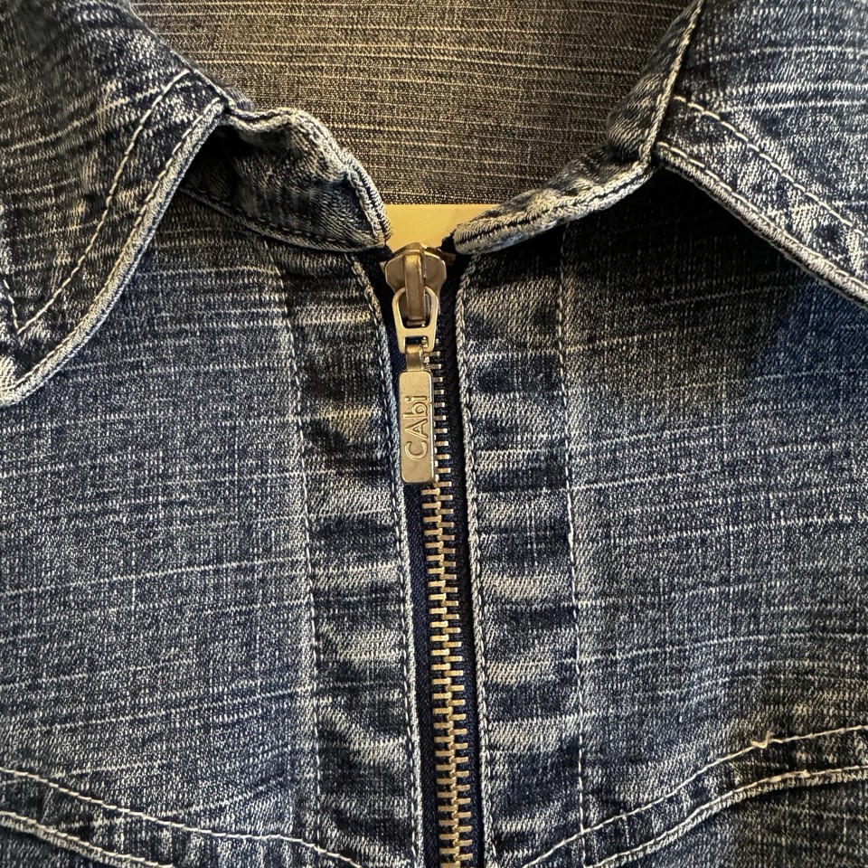CABI Womens Zipper Pull Denim Jean Jacket Size M Style 125 Linen Blend