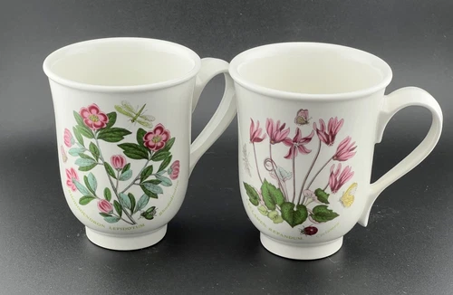 2 Vtg Portmeirion Botanic Garden Footed Coffee Mug Flowers Rhododendron Cyclamen