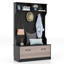 63 Inch Hall Tree with Coat Rack Storage Bench Black Wood Black