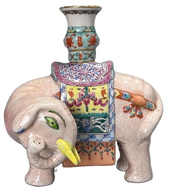 Vintage Chinese Export Candle Holder Elephant Shaped 20thC 7.75 H Porcelain